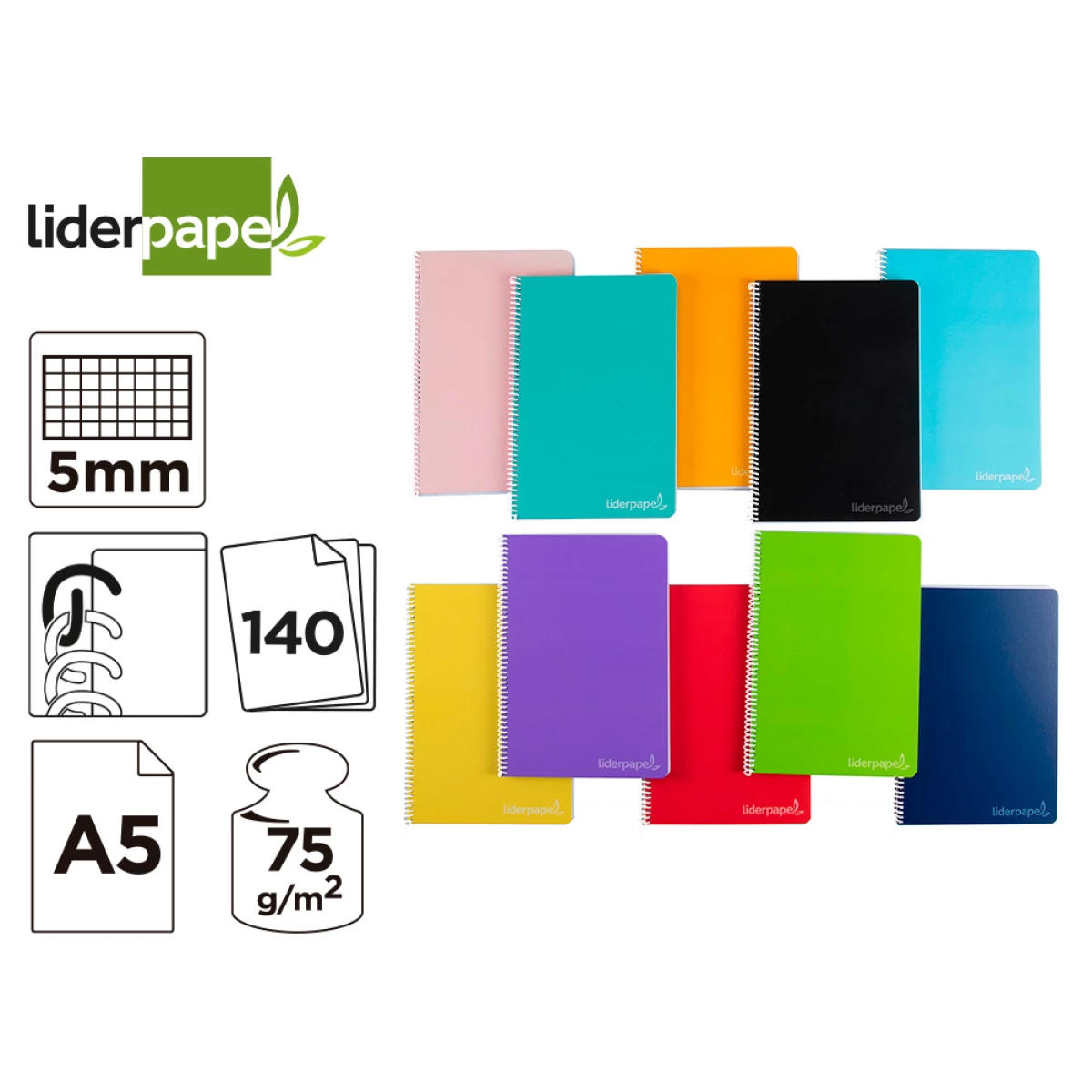 Galery – Caderno espiral liderpapel din a5 witty capa extra dura 140 f 75gr quadricula 5mm 5 bandas de cores cores sortidas0