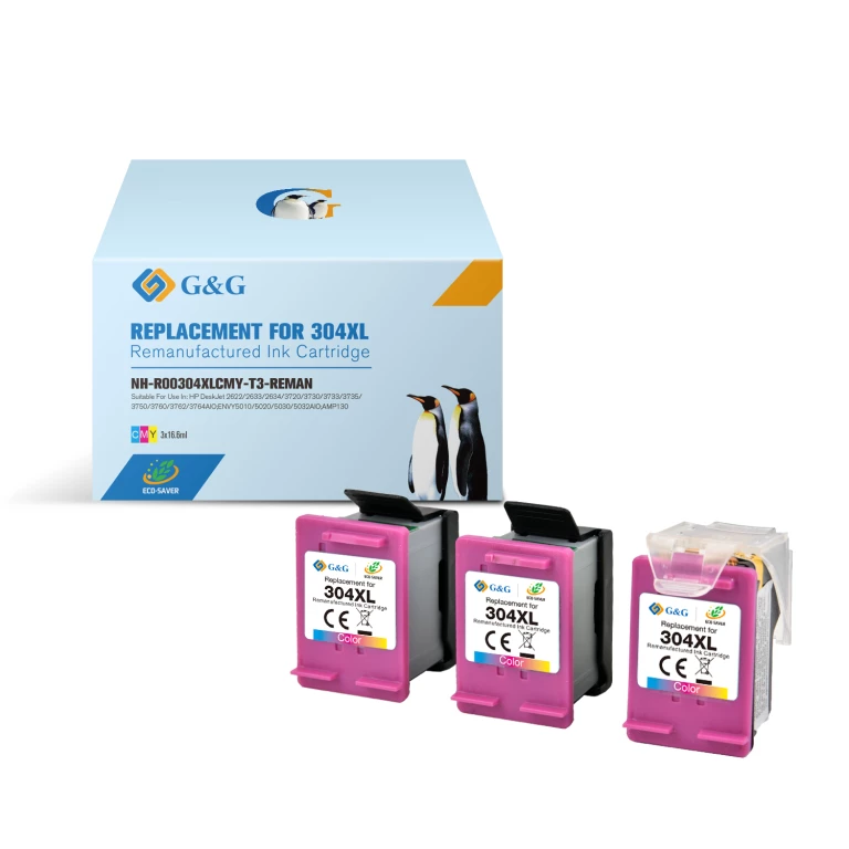Thumbnail-Pacote colorido G&G HP 304XL com 3 cartuchos de tinta remanufaturados – Eco Saver – Mostra o nível de tinta – Substitui N9K07AE/N9K05AE