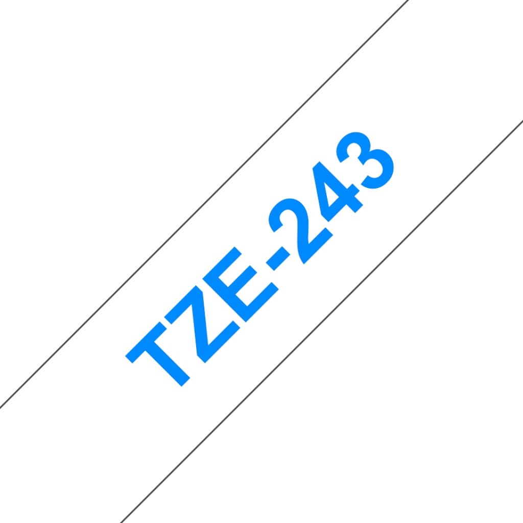 Thumbnail-Fita de Etiqueta Laminada Genérica Brother TZe243 – Texto azul sobre fundo branco – Largura 18 mm x 8 metros