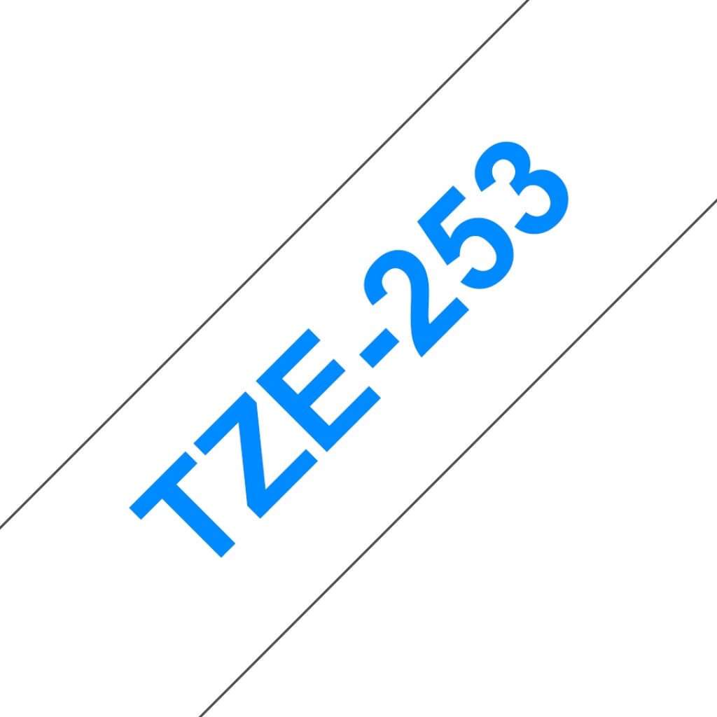 Thumbnail-Fita de Etiqueta Laminada Genérica Brother TZe253 – Texto azul sobre fundo branco – Largura 24mm x 8 metros