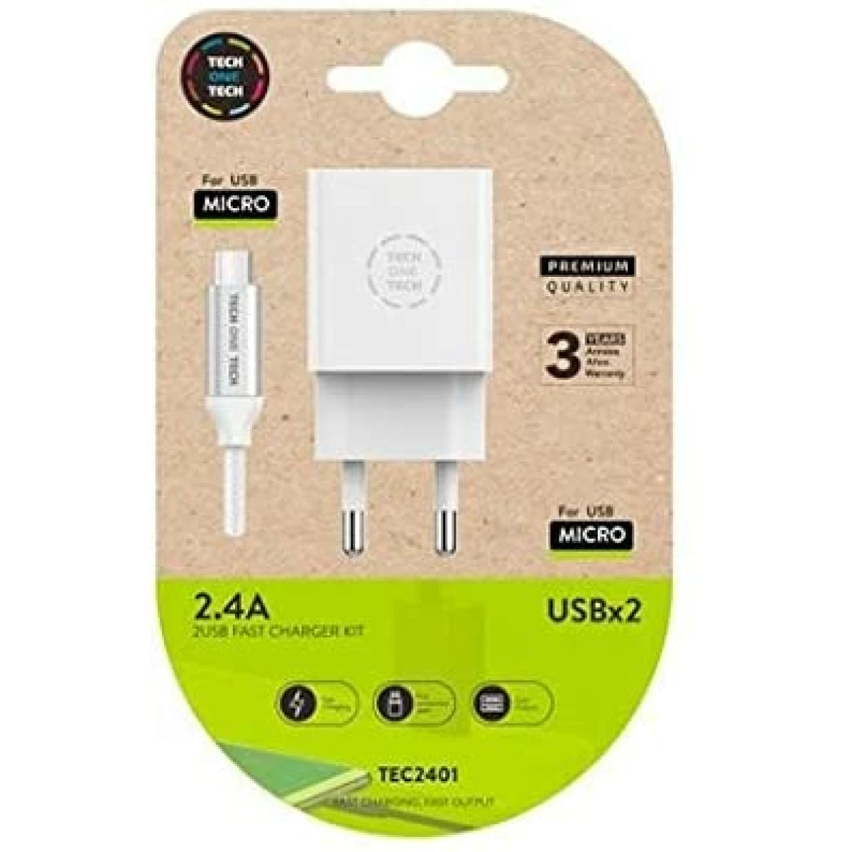 Thumbnail-TechOneTech Carregador de parede dupla + Cabo USB-A para Micro-USB 2,4 1m – Revestido de nylon trançado