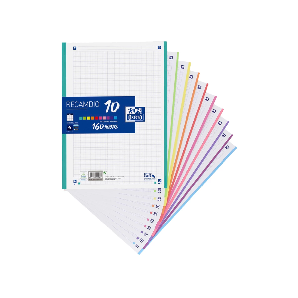 Galery – Recambio color oxford din a4 160 hojas 90 gr optik paper cuadro 5 mm 4 taladros banda 10 colores0