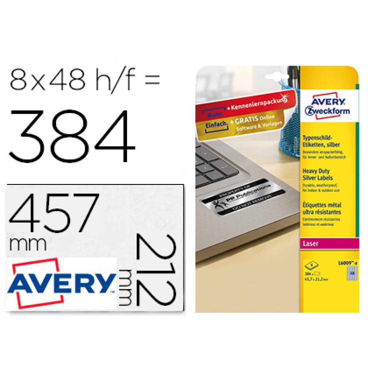 Thumbnail-Etiqueta adesiva avery poliester prata 45,7×21,2 mm laser pack de 8 unidades