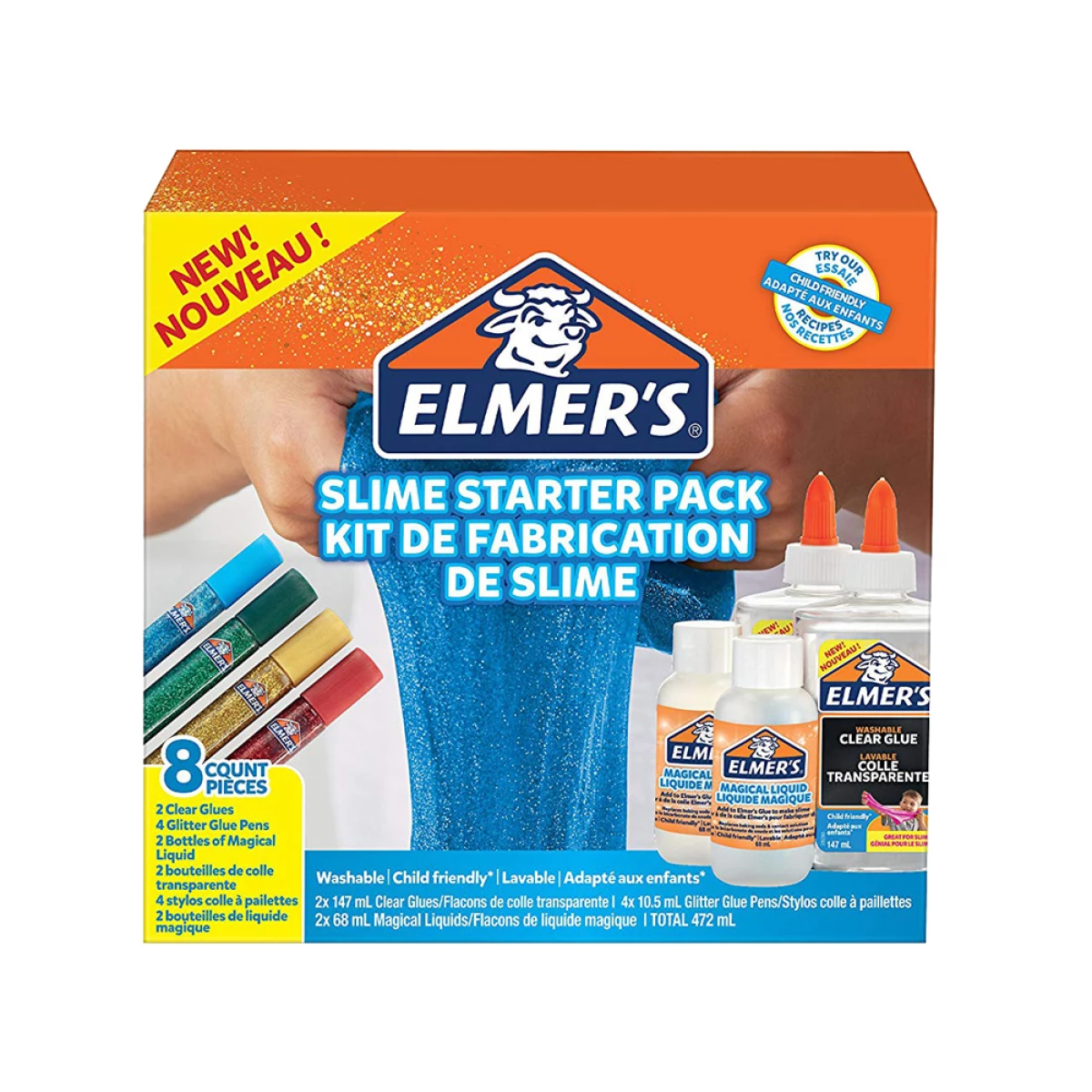 Galery – Kit elmers slime com 2 frascos cola transparente + 2 frascos liquido magico + 4 frascos purpurina cores sort0