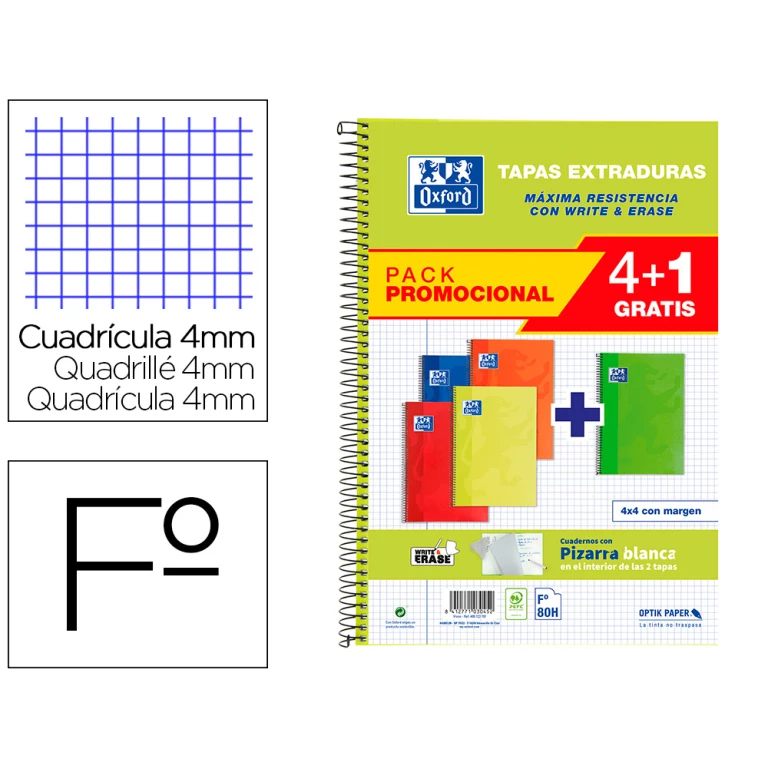 Thumbnail-Caderno espiral oxford capa extradura folio 80 folhas quadricula 4 mm write&erase quadro pack 4+1 unidades cores vivas