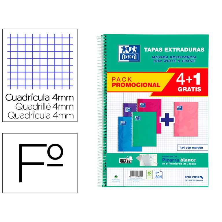 Thumbnail-Caderno espiral oxford capa extradura folio 80 folhas quadricula 4 mm write&erase quadro pack 4+1 unidades cores tendenc