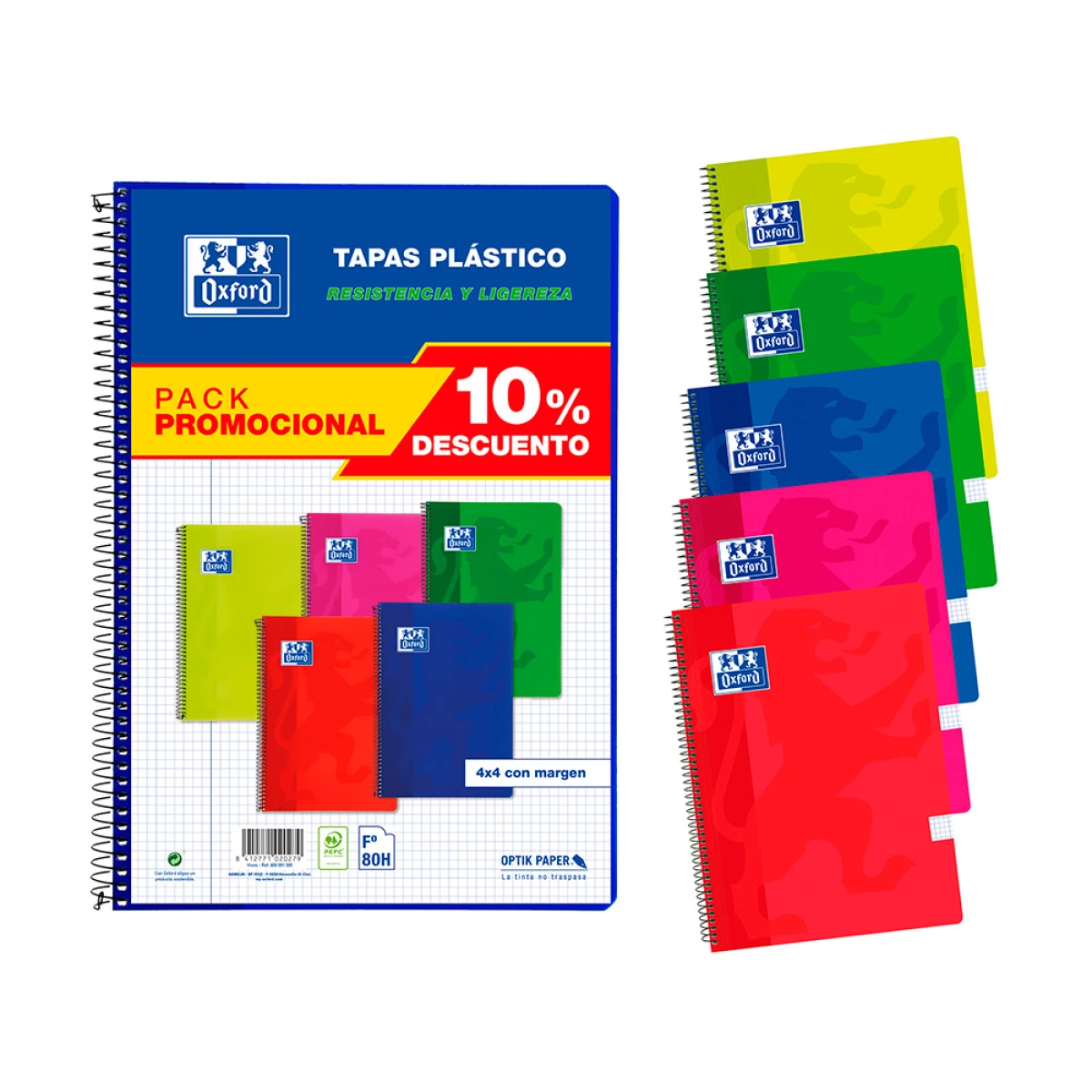 Galery – Caderno espiral oxford capa plastico folio 80 folhas quadricula 4 mm pack 4+1 unidades cores vivas0