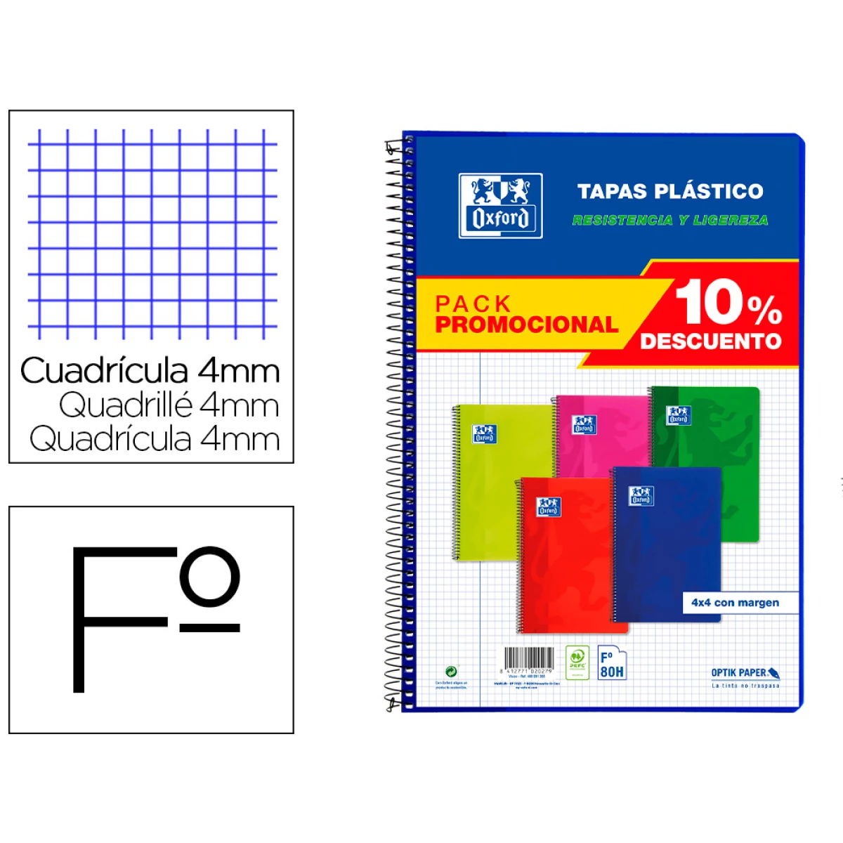 Thumbnail-Caderno espiral oxford capa plastico folio 80 folhas quadricula 4 mm pack 4+1 unidades cores vivas