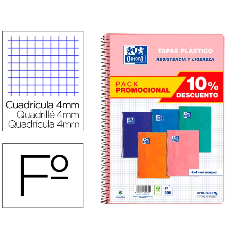 Thumbnail-Caderno espiral oxford capa plastico folio 80 folhas quadricula 4 mm pack 5 unidades cores tendencias