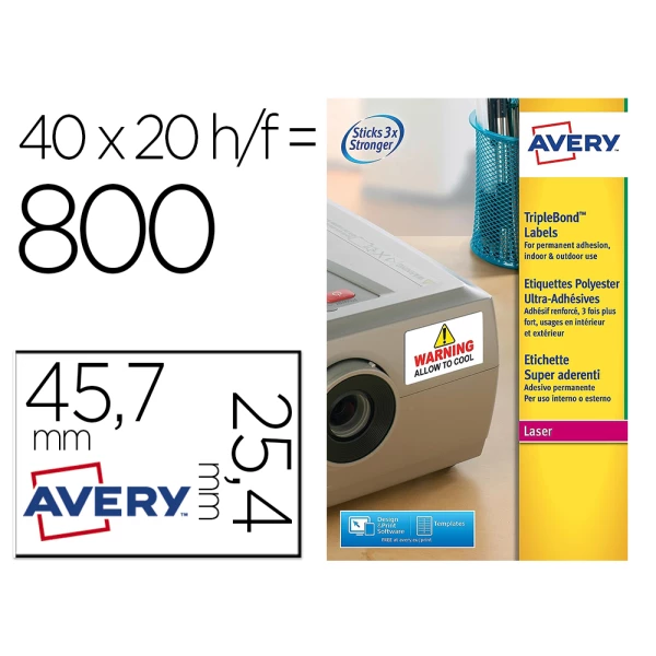 Thumbnail-Etiqueta adesiva avery poliester super aderente branca 45,7×25,4 mm impressora laser pack de 800 unidades