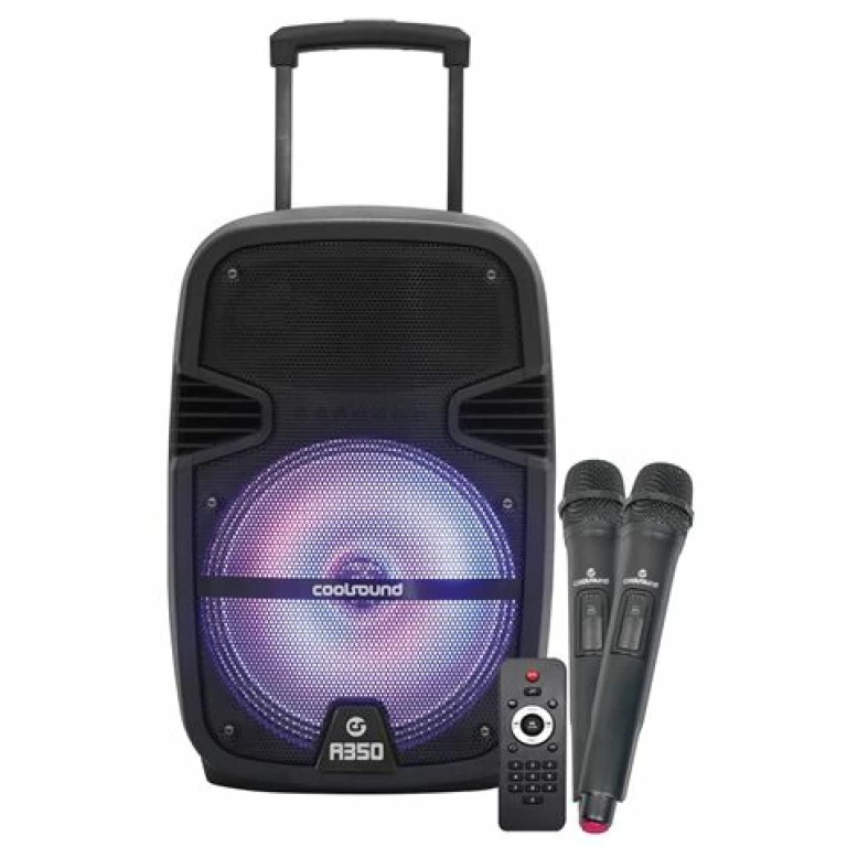 Thumbnail-Coluna Bluetooth Amplificada Coolsound A350 350W 12″ 50W RMS – USB, Entrada Mic. Jack 6,3mm – Iluminação LED – 2 Microfones Inclusos – Alça e Rodas de Transporte – Controle Remoto