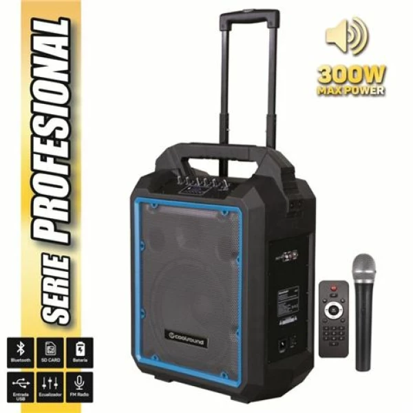 Thumbnail-Coolsound Pro 300 Alto-falante Auto-amplificado Bluetooth 300W 10″ 80W RMS com Bateria – Entrada USB, SD, Mic. Jack 6.3mm – 1 Microfone Cool Série Pro – Autonomia de até 4h – Alça de Transporte e Rodas – Controle Remoto