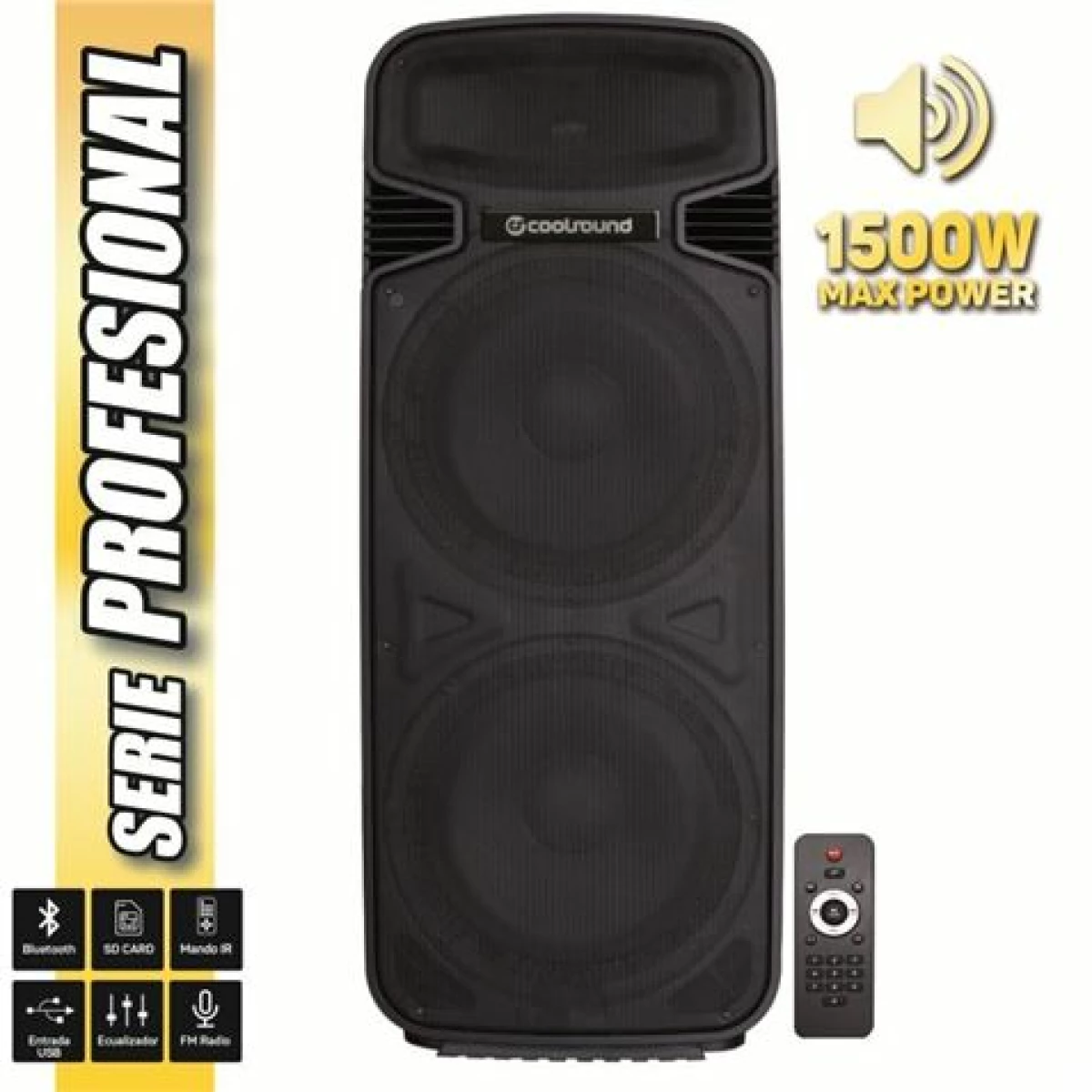 Thumbnail-Coolsound Pro 500 Alto-falante Auto-Amplificado Bluetooth 1500W 2×15″ 450W RMS – Entrada USB, SD, Mic 6,3mm – Controle Remoto