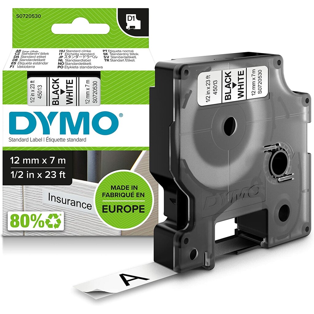 Thumbnail-Dymo D1 45013 Fita Etiqueta Original para Marcador – Texto preto sobre fundo branco – Largura 12mm x 7 metros – S0720530