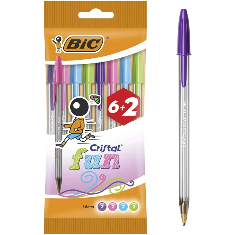 Thumbnail-Pacote com 8 canetas esferográficas Bic Cristal Fun 6+2 – ponta redonda de 1,6 mm – curso de 0,42 mm – tinta à base de óleo – cores variadas