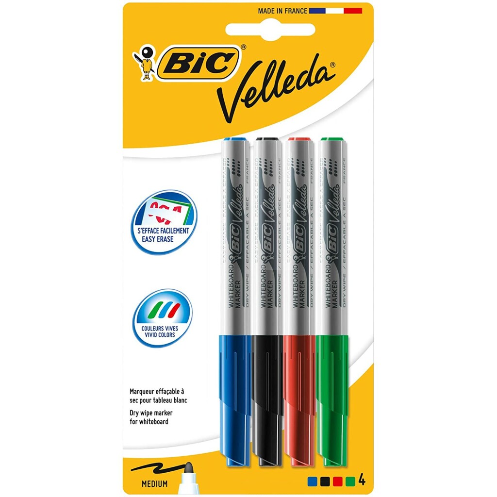 Thumbnail-Bic Velleda 1741 Pacote com 4 marcadores de quadro-negro – Ponto médio – Traço de 1,4 mm – Apagável ideal – Cores sortidas