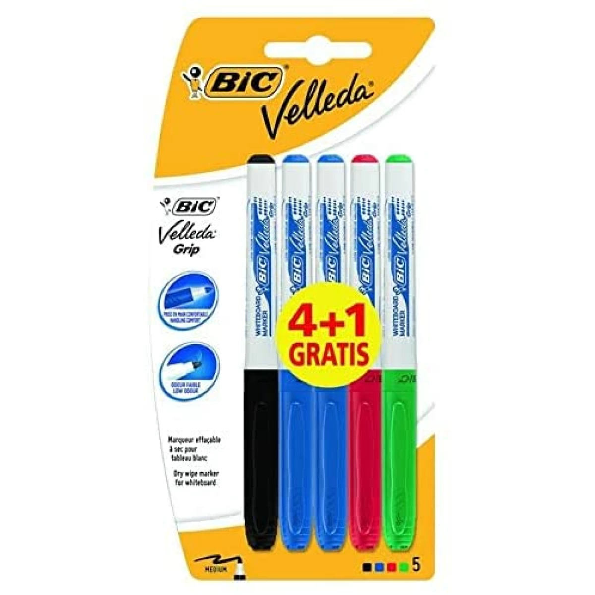 Thumbnail-Bic Velleda Grip 4+1 Pacote com 5 marcadores de quadro-negro – Grip Zone – Ponta média – Traço de 1,2 mm – Apagável ideal – Cores variadas