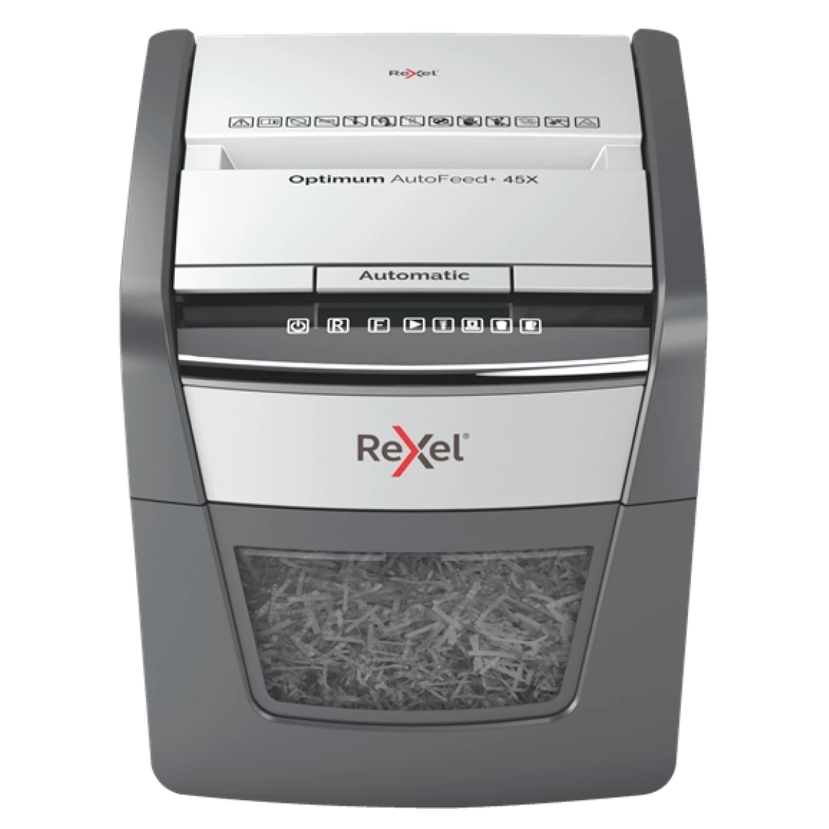Thumbnail-Destruidora automática de corte de partículas Rexel Optimum AutoFeed 45X – 20L – Alimentação automática 45 folhas – Slot manual 6 folhas – Antiobstrução