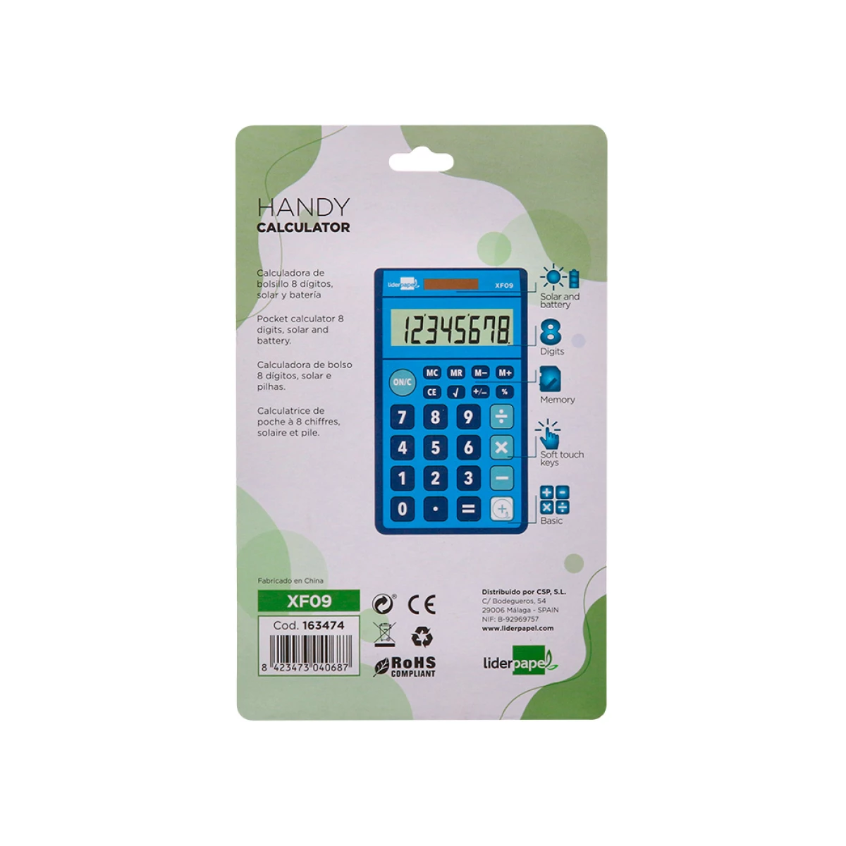 Galery – Calculadora liderpapel de bolso xf09 8 digitos solar e pilhas cor azul 115x65x8 mm0