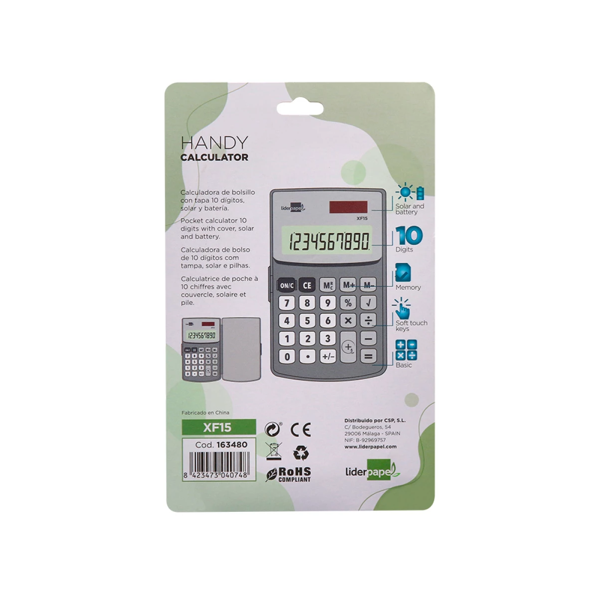 Galery – Calculadora liderpapel de bolso xf15 10 digitos com capa solar e pilhas cor cinza 123x75x12 mm0