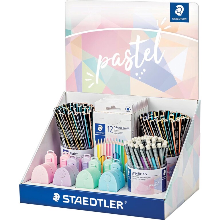 Thumbnail-Expositor Staedtler com 182 Peças Sortidas – Modelos Lápis Noris 118, Lápis Noris 119, Lápis Grafite 777, Estojos 146 C, Borrachas 525 PS1, Apontadores 512 PS2