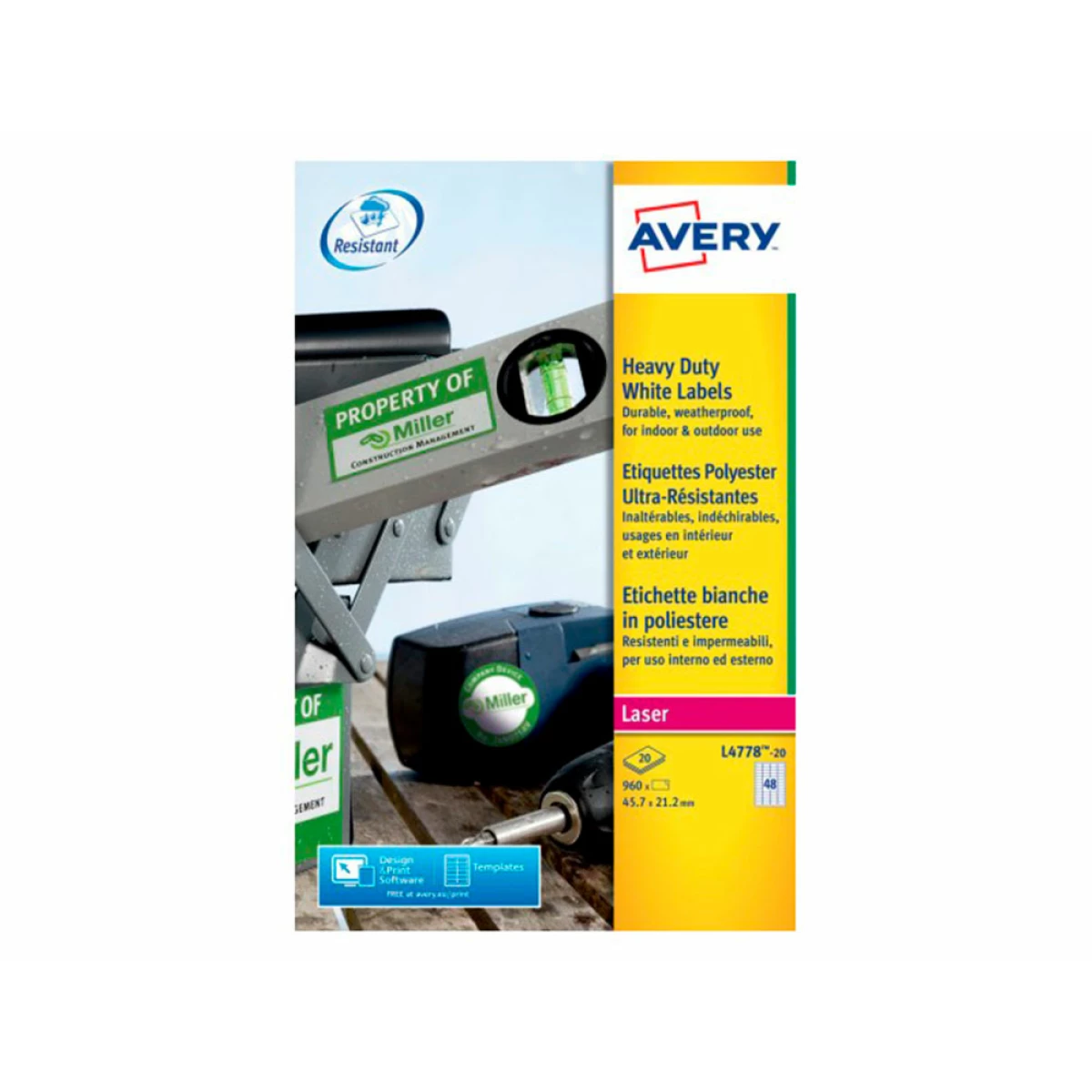 Galery – Etiqueta adesiva avery poliester branco para impressora laser 45,7×21,2 mm caixa de 960 unidades0