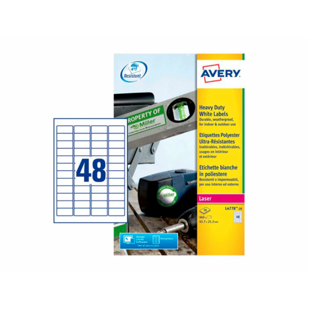 Galery – Etiqueta adesiva avery poliester branco para impressora laser 45,7×21,2 mm caixa de 960 unidades0