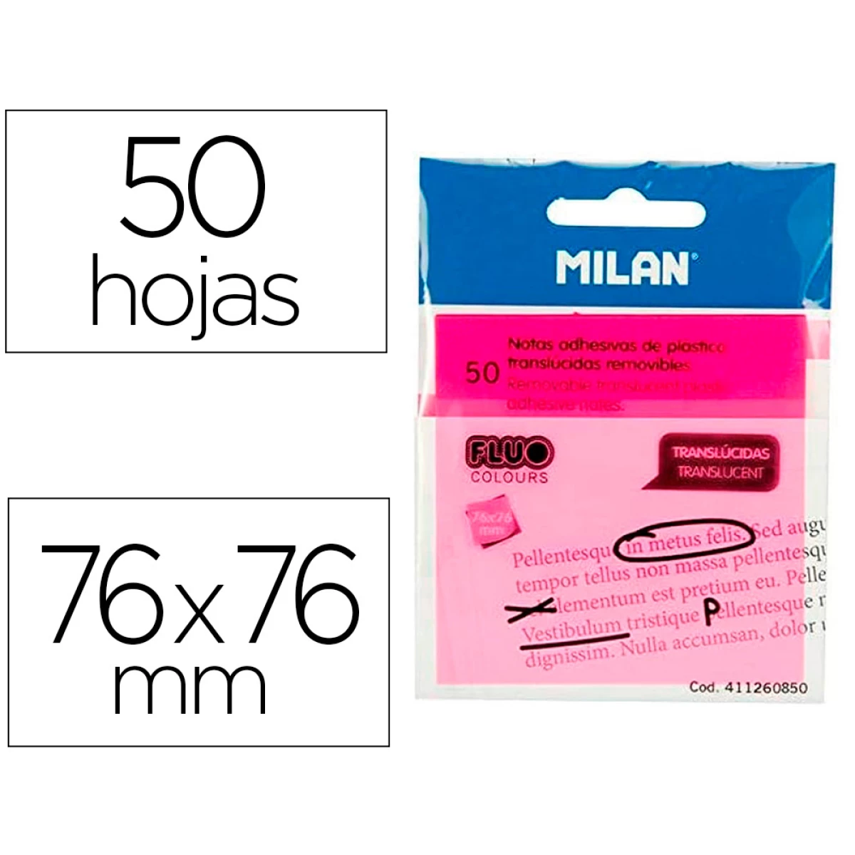 Thumbnail-Bloco de notas adesivas milan 76×76 mm removivel plastico translucido rosa fluor 50 folhas