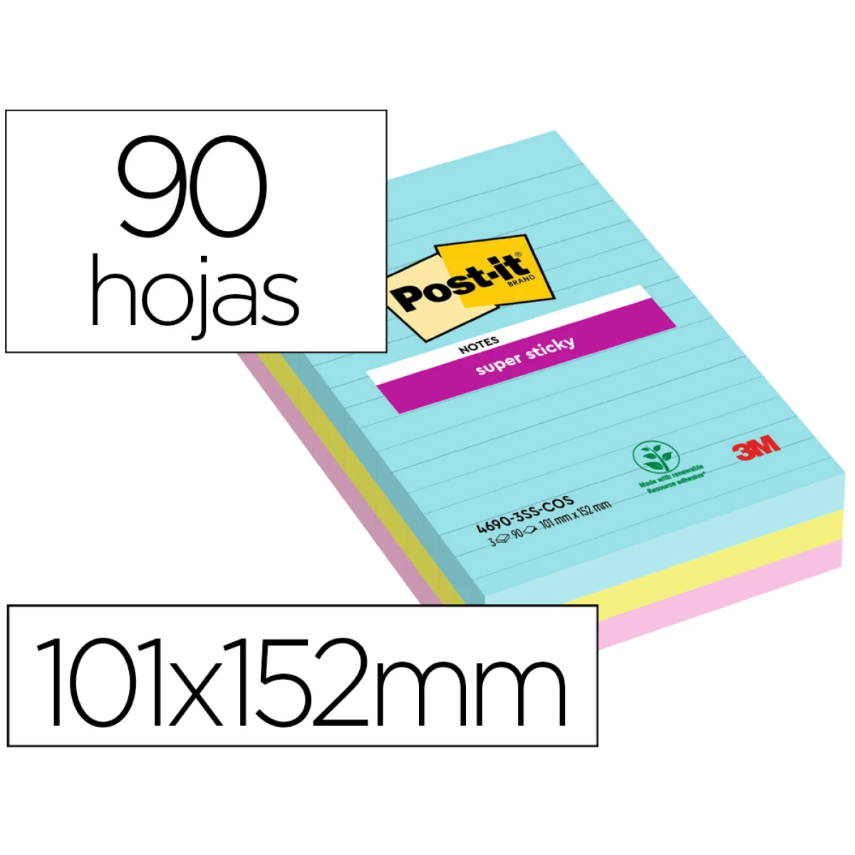 Thumbnail-Bloco de notas adesivas post-it super sticky cosmic pautado 90 folhas 101×152 mm pack de 3 uds cores sortidas