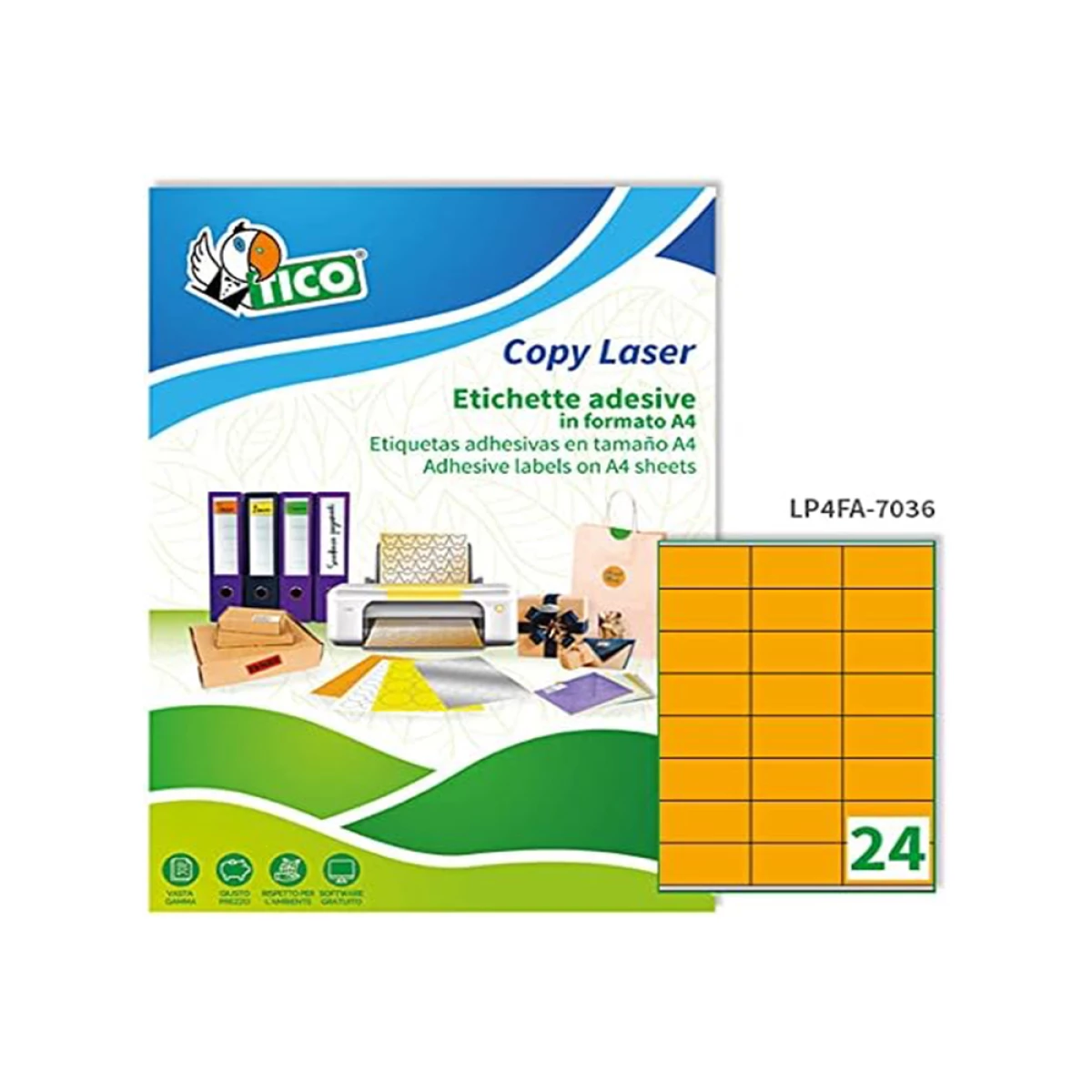 Galery – Etiqueta adesiva tico laranja fluor permanente certificado fsc laser/jato tinta/fotocopia 70×36 mm caixa 1680 uds0