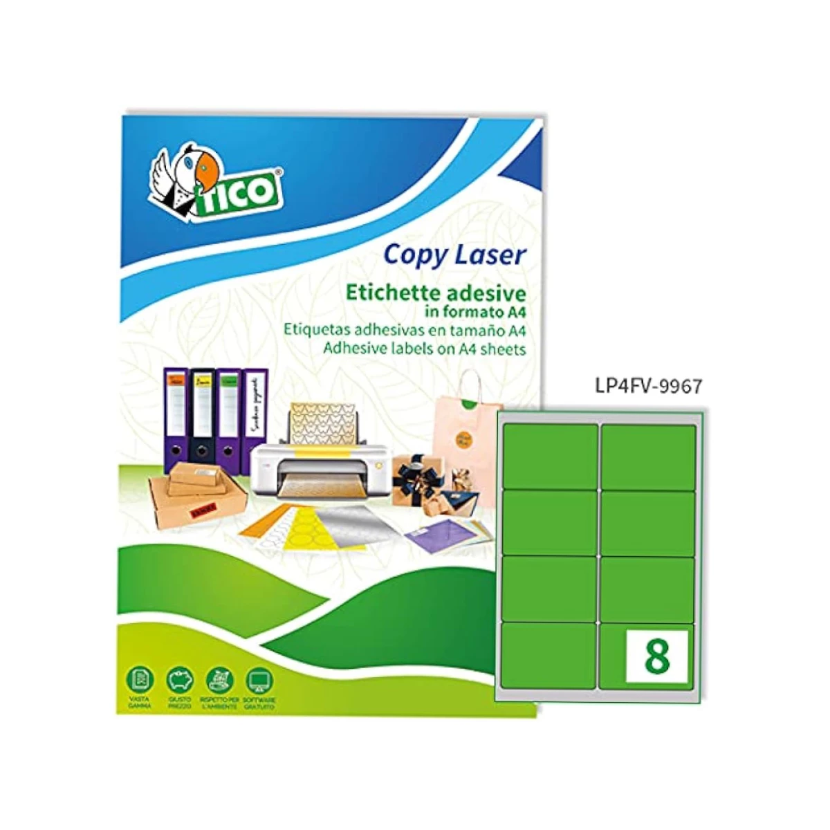 Galery – Etiqueta adesiva tico verde fluor permanente certificado fsc laser/jato tinta/fotocopia 99,1×67,7 mm caixa 560 uds0