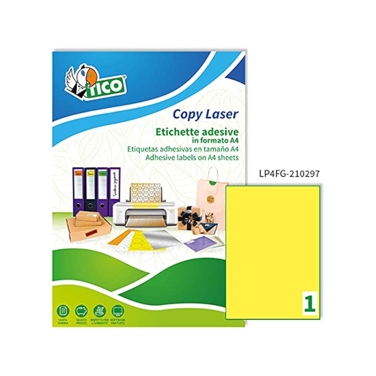 Galery – Etiqueta adesiva tico amarelo fluor permanente certificado fsc laser/jato tinta/fotocopia 210×297 mm caixa 70 uds0