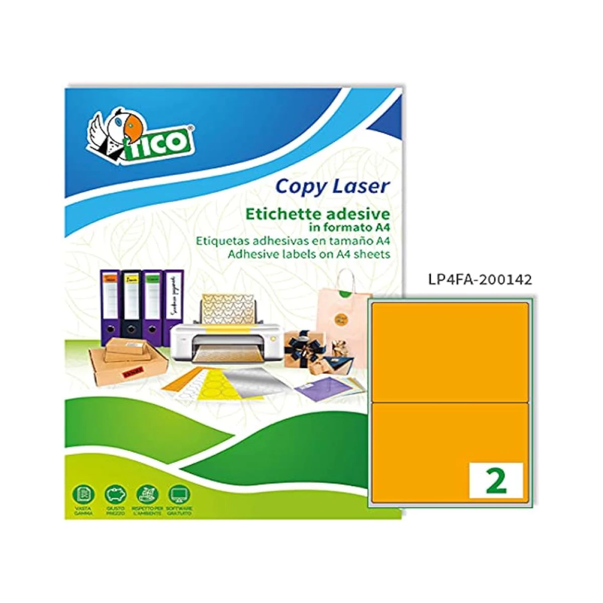 Galery – Etiqueta adesiva tico laranja fluor permanente certificado fsc laser/jato tinta/fotocopia 210×297 mm caixa 70 uds0