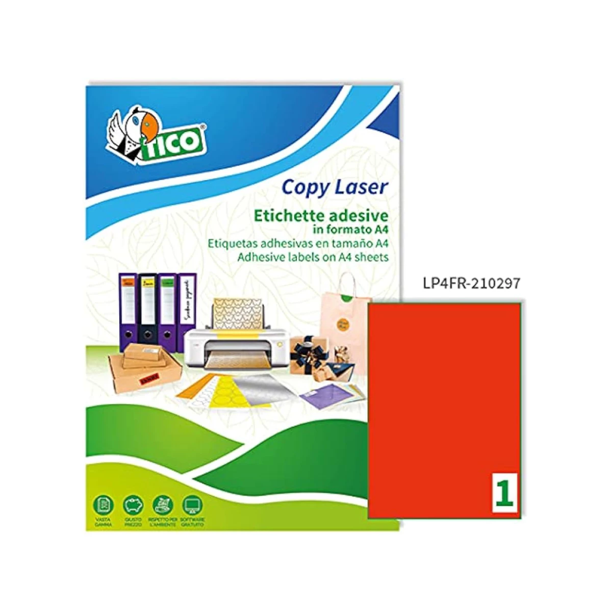 Galery – Etiqueta adesiva tico vermelho fluor permanente certificado fsc laser/jato tinta/fotocopia 210×297 mm caixa 70 uds0