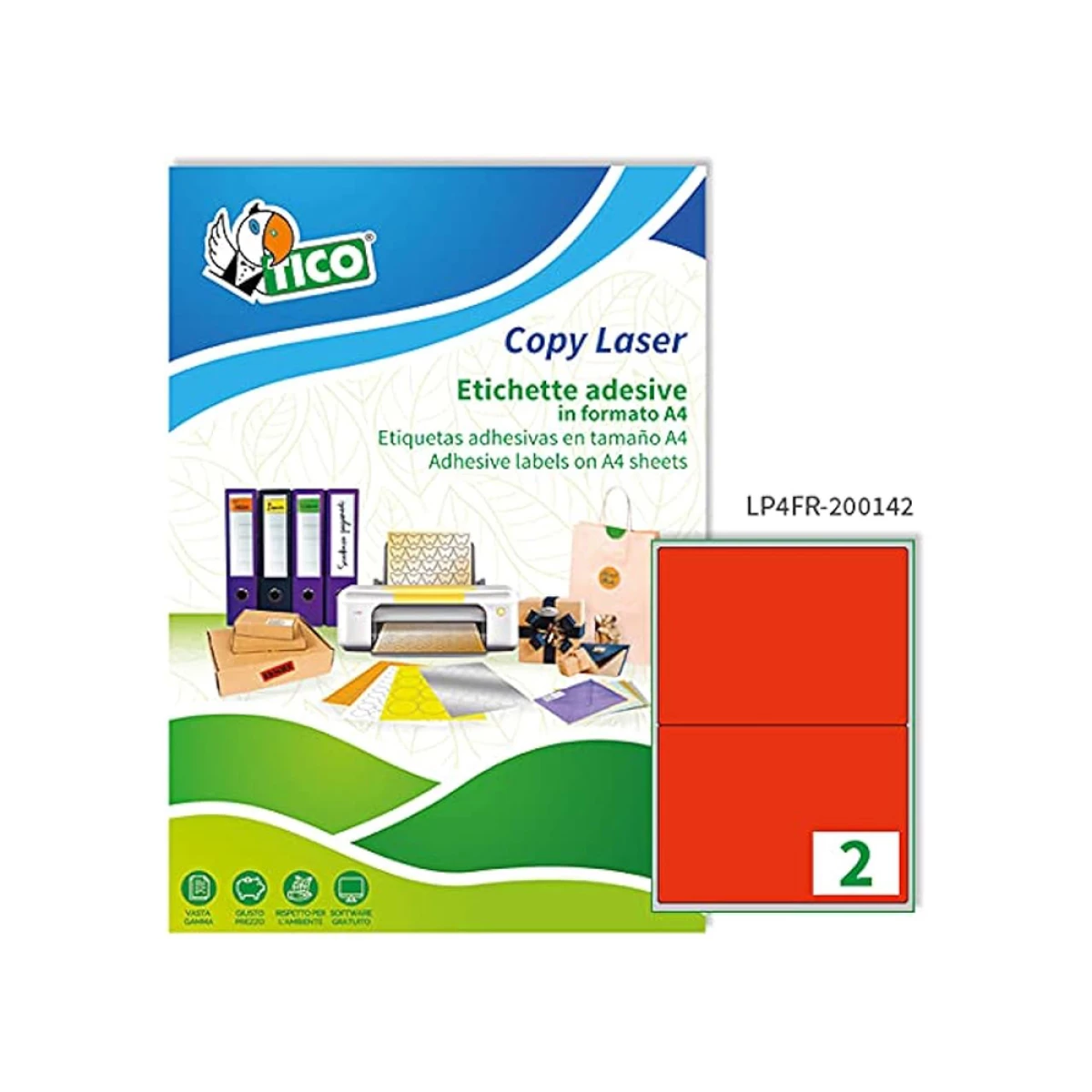 Galery – Etiqueta adesiva tico vermelho fluor permanente certificado fsc laser/jato tinta/fotocopia 200×142 mm caixa 140 uds0