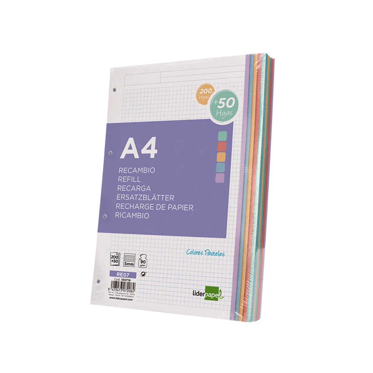 Galery – Recarga liderpapel a4 200+50 folhas 90 gr quadricula 5 mm 4 furos bandas de 5 cores0