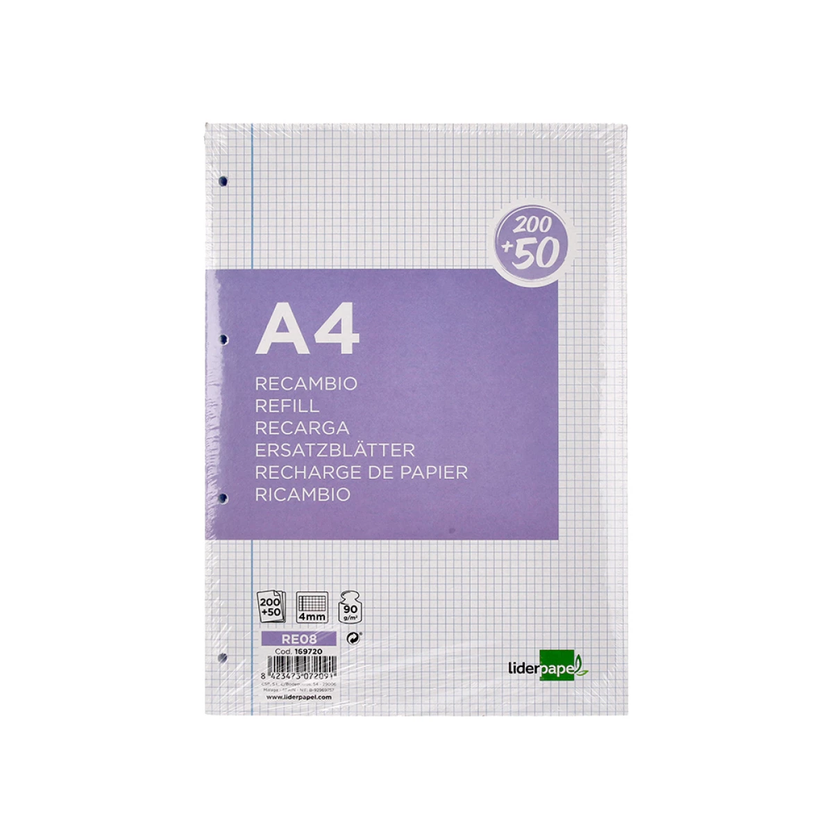 Galery – Recarga liderpapel a4 200+50 folhas 90 gr quadricula 4 mm com margem 4 furos0