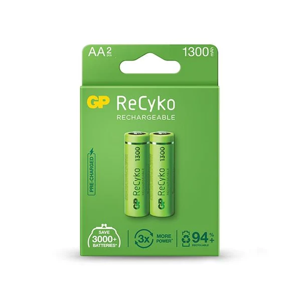 Thumbnail-Pacote de 2 baterias recarregáveis GP ReCyko 1300mAh AA 1,2V – pré-carregado – fabricado com mais de 10% de materiais reciclados