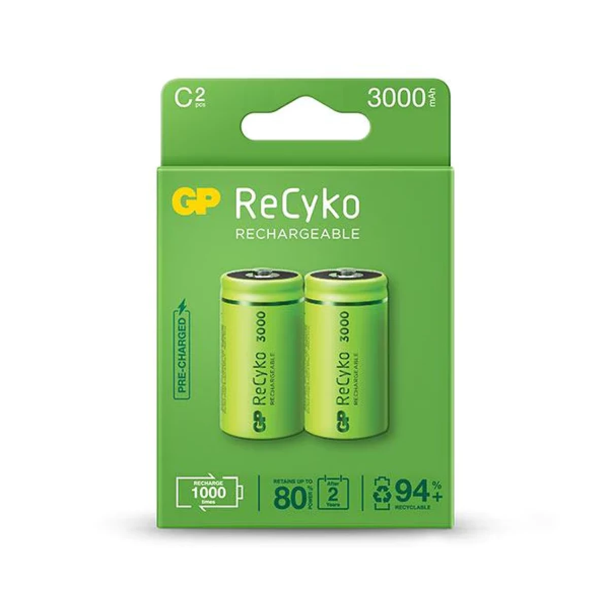 Thumbnail-GP ReCyko Pacote com 2 Baterias Recarregáveis 3000mAh C 1.2V – Pré-carregado – Ciclo de Vida: Até 1000 Vezes