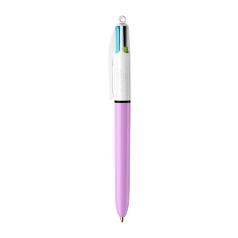 Thumbnail-Caneta esferográfica retrátil divertida 4 cores Bic – ponta média de 1,0 mm – tinta à base de óleo – tinta colorida: rosa, roxo, turquesa e verde limão – corpo lilás/branco