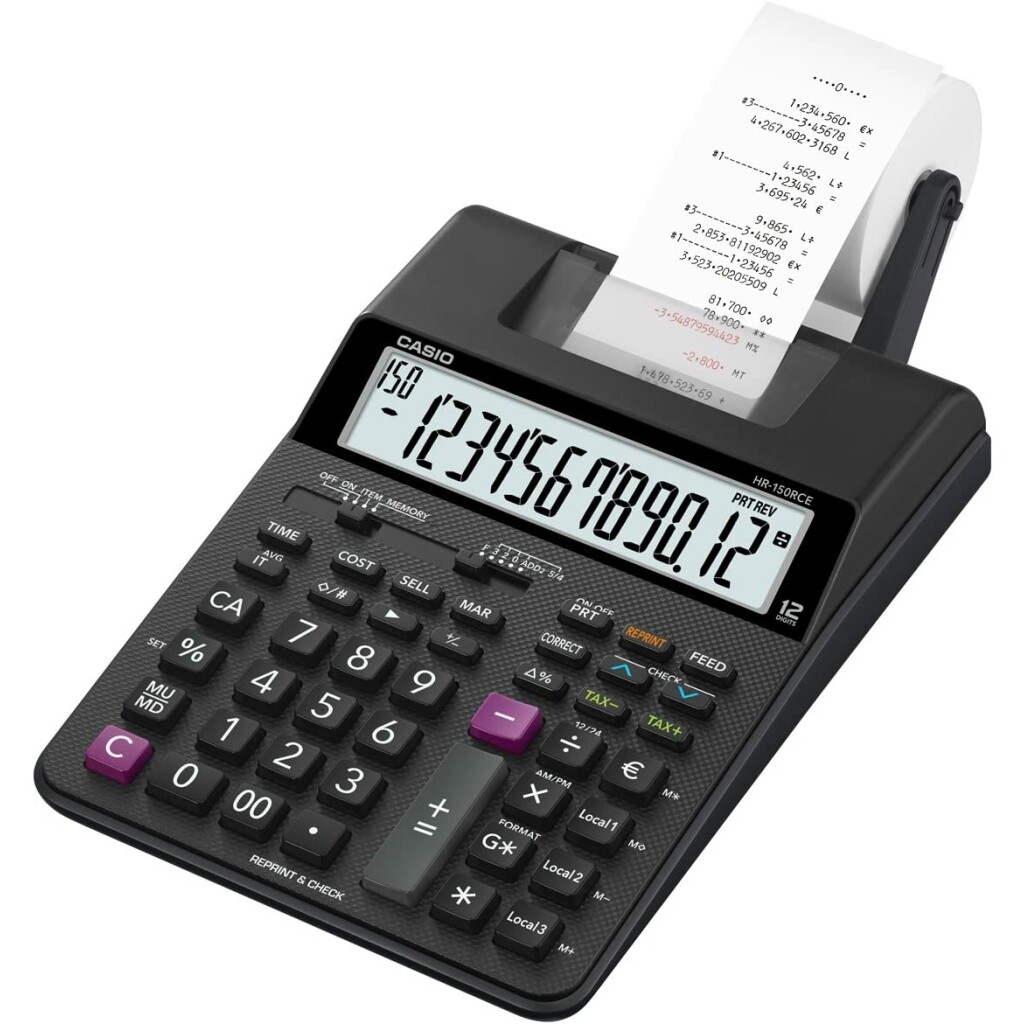 Thumbnail-Calculadora de impressora de sobremesa Casio HR150RCE – Visor de 12 dígitos – Largura do papel 58 mm – Imprime hora e data – Alimentado por bateria