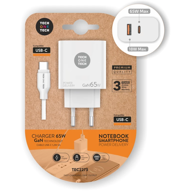 Thumbnail-Carregador de parede TechOneTech GaN PD 3.0 65W – para laptops e smartphones – Cabo USB-C para USB-C 1m