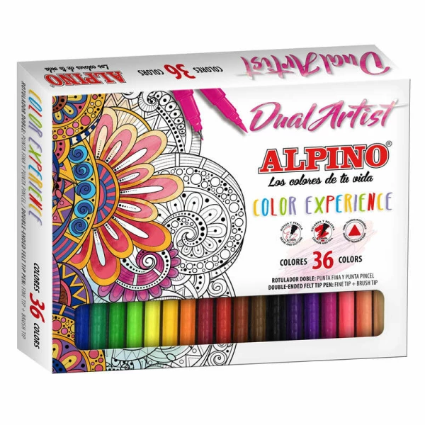 Thumbnail-Alpino Dual Artist Color Experience Pacote com 36 marcadores – Ponta dupla (revestimento fino de 0,7 mm e pincel de 2,9 mm) – Formato triangular ergonômico – Cores vibrantes – Cores variadas