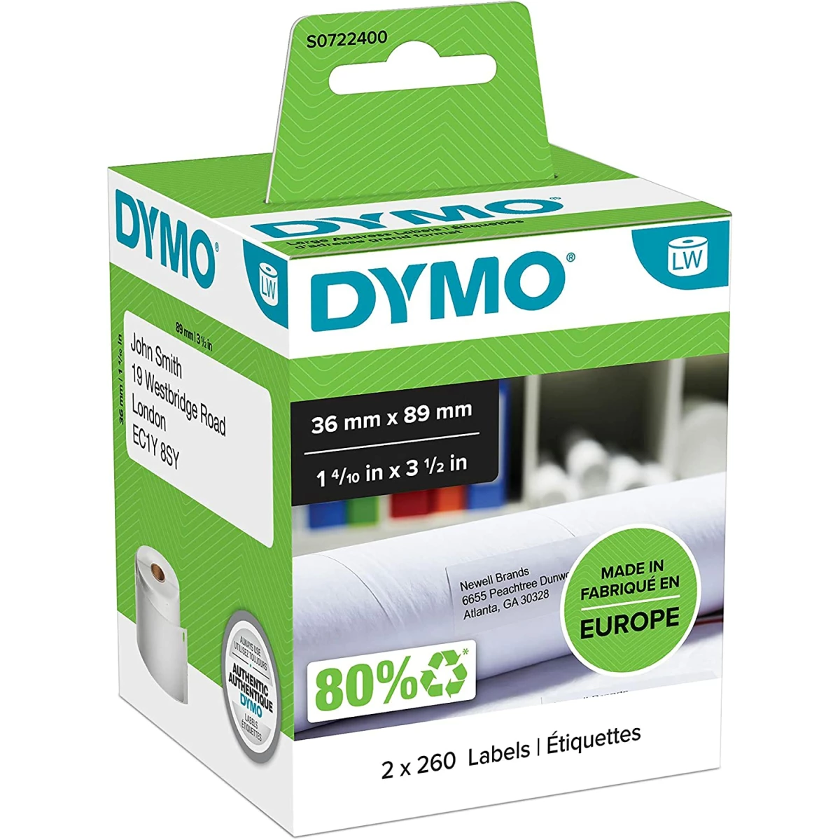 Thumbnail-Etiquetas adesivas dymo para impressora labelwriter 400 – 89×36 mm direccoes 260 etiquetas caixa de 2 rolos