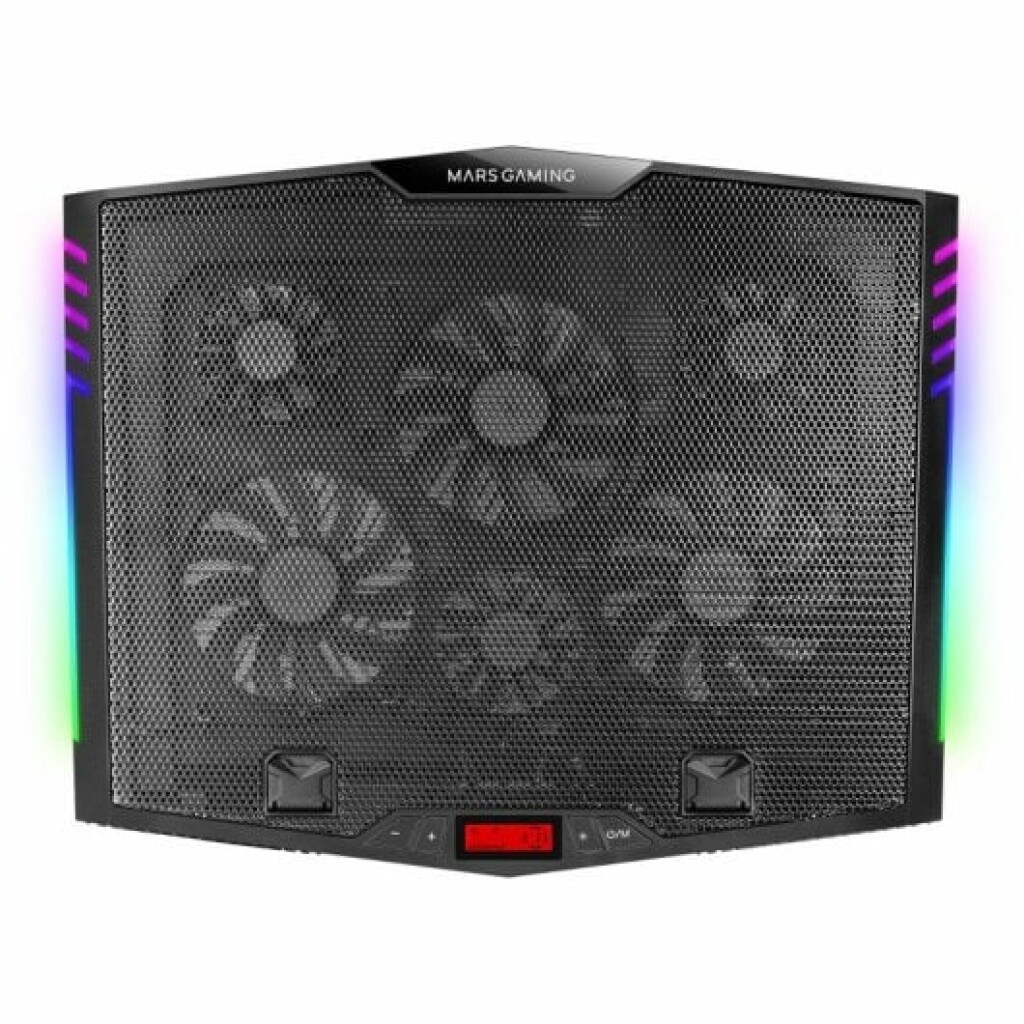 Thumbnail-Base de resfriamento Mars Gaming MNBC5 para laptop de até 19″ – 6 ventiladores – 7 posições de inclinação – Iluminação ARGB dinâmica – Base para smartphone – Grade de alumínio – 2 portas USB 2.0