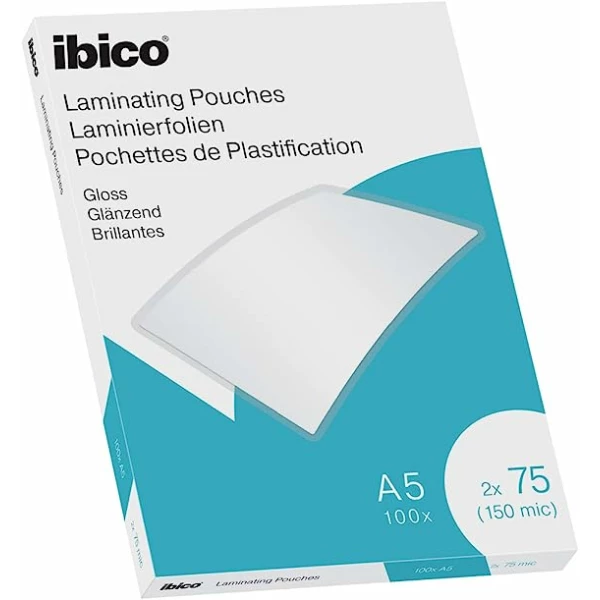 Thumbnail-Ibico Gloss Pack de 100 Folhas para Laminação A5 150 Microns – Acabamento Brilhante – Laminação de Papel, Fotos, Cartões de Visita, Materiais Escolares e Mais – Transparente