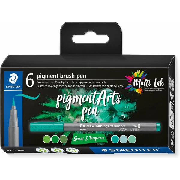 Thumbnail-Staedtler 371 Pacote com 6 marcadores de ponta de pincel macio – Nueva Tinta Multi Ink – Pigmentos Primera Calidad – Cores sortidas verde/turquesa