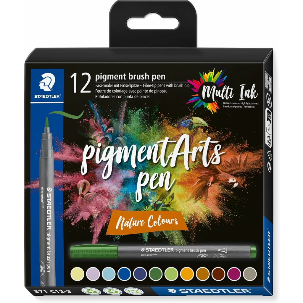 Thumbnail-Staedtler 371 Pacote com 12 marcadores de ponta de pincel macio – Nueva Tinta Multi Ink – Pigmentos Primera Calidad – Cores sortidas da natureza