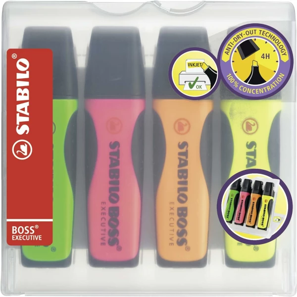 Thumbnail-Stabilo Boss Executive Pack de 4 marcadores fluorescentes – Área de aderência – Traço entre 2 e 5 mm – Recarregável – Tinta à base de água – Cores sortidas