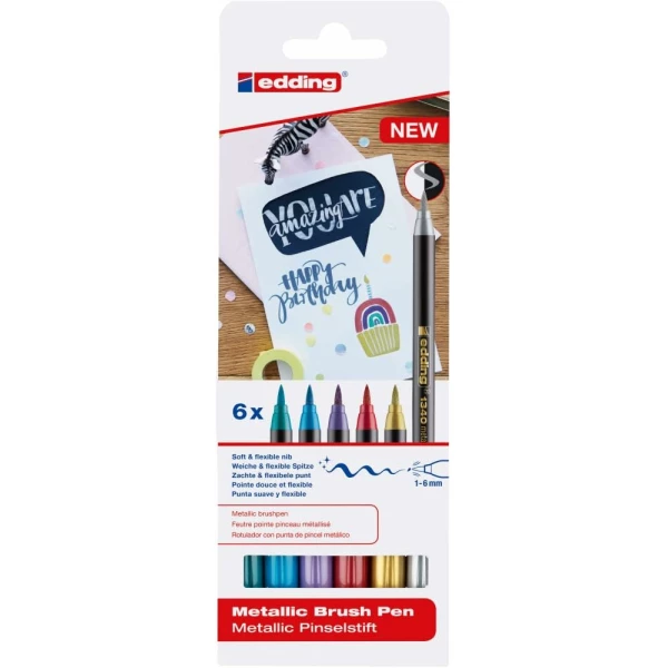 Thumbnail-Pacote de pincéis Edding 1340 com 6 marcadores – ponta de pincel flexível – traço 1-3 mm – tinta à base de água – cores dourado, vermelho, azul, verde, cinza e roxo